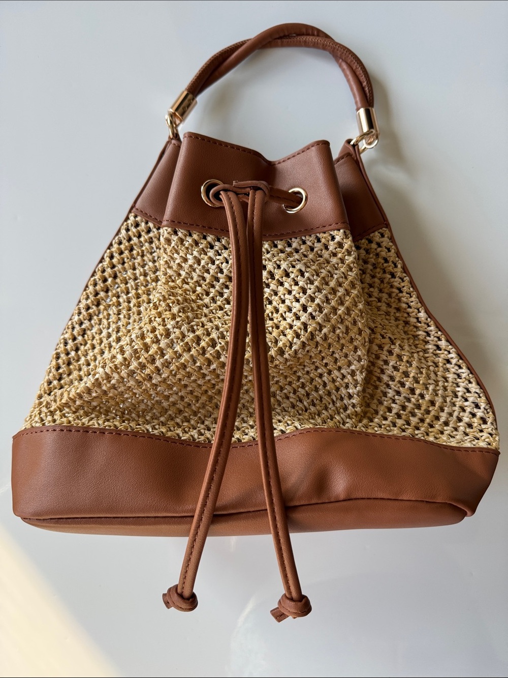 Mini Straw Drawstring Bucket Bag in Brown
